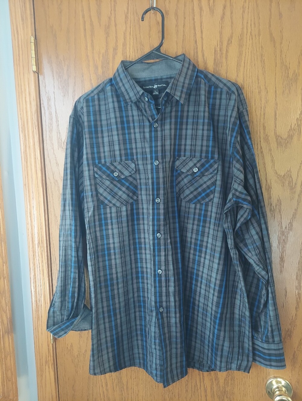 Beverly Hills Polo Club Men's Large Plaid Long Sleeve Button Up Shirt Gray Blue